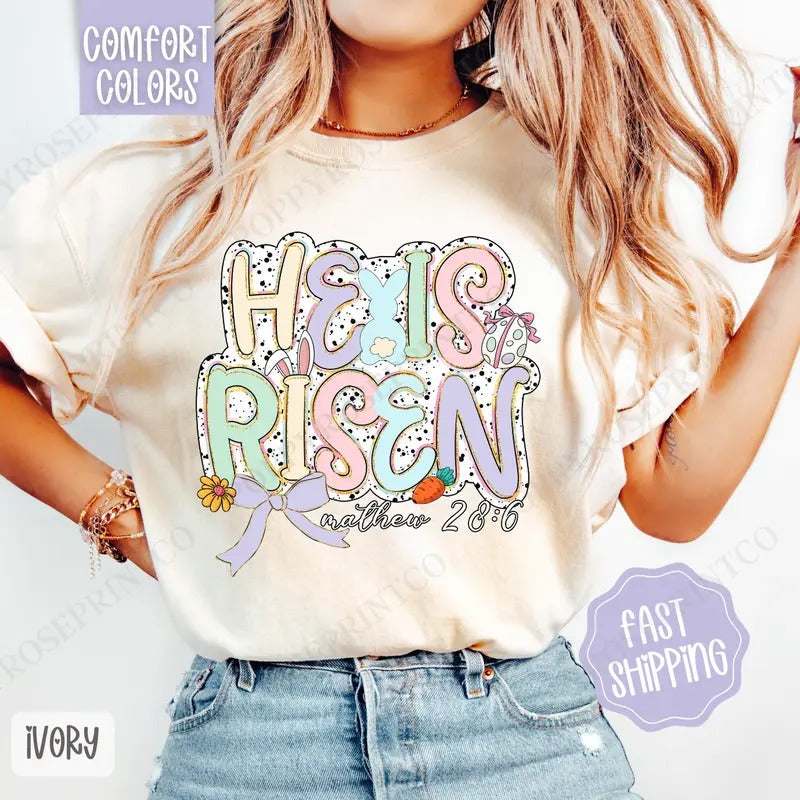 Pastel He Is Risen Shirt Comfort Colors Easter Religious Her T-Shirts, Hoodie, Sweatshirt - T-Shirt, Sweatshirt, Hoodie