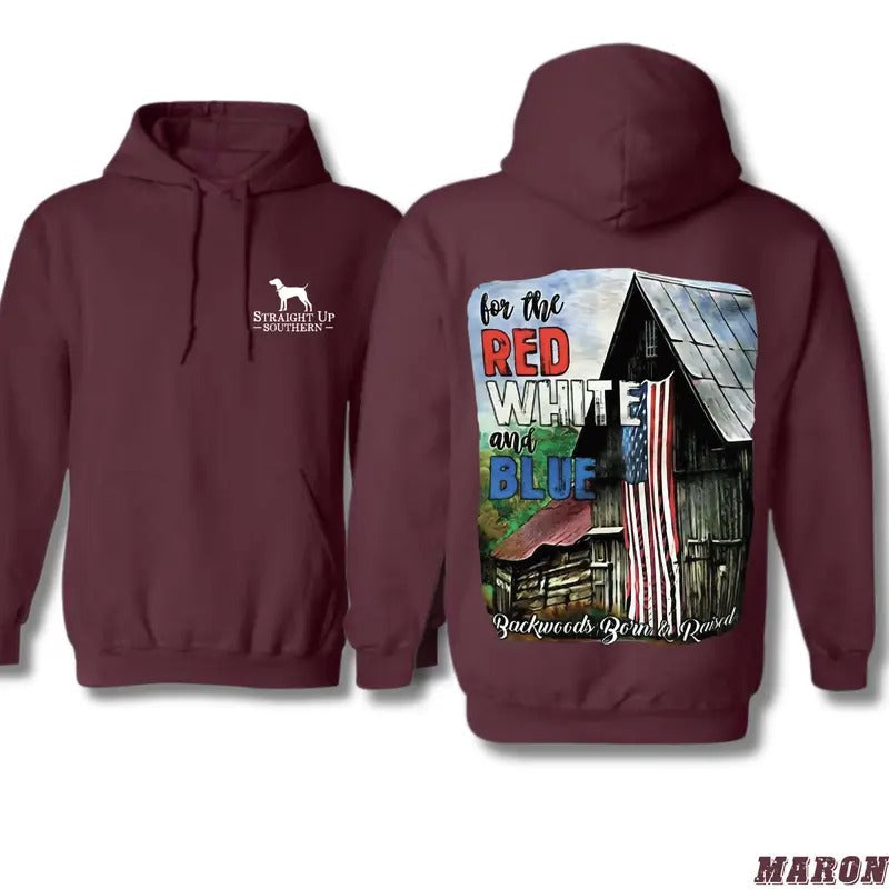 Patriotic Barn Red White Blue Flag Rustic Barn Country Backwoods Born Raised Fans Daily Comfort Menswear T-Shirts, Hoodie, Sweatshirt - T-Shirt, Sweatshirt, Hoodie