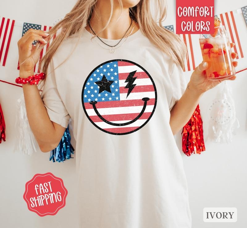 Patriotic Happy Face Shirt Comfort Colors July 4th Shirt USA America T-Shirts, Hoodie, Sweatshirt - T-Shirt, Sweatshirt, Hoodie