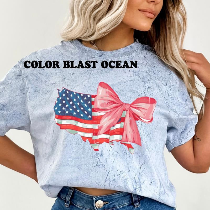 Patriotic USA & Bow Shirt ~ Relaxed Fit Printed USA Womenswear Casual Comfort Cotton Top Athletic Boho Chic T-Shirts, Hoodie, Sweatshirt - T-Shirt, Sweatshirt, Hoodie
