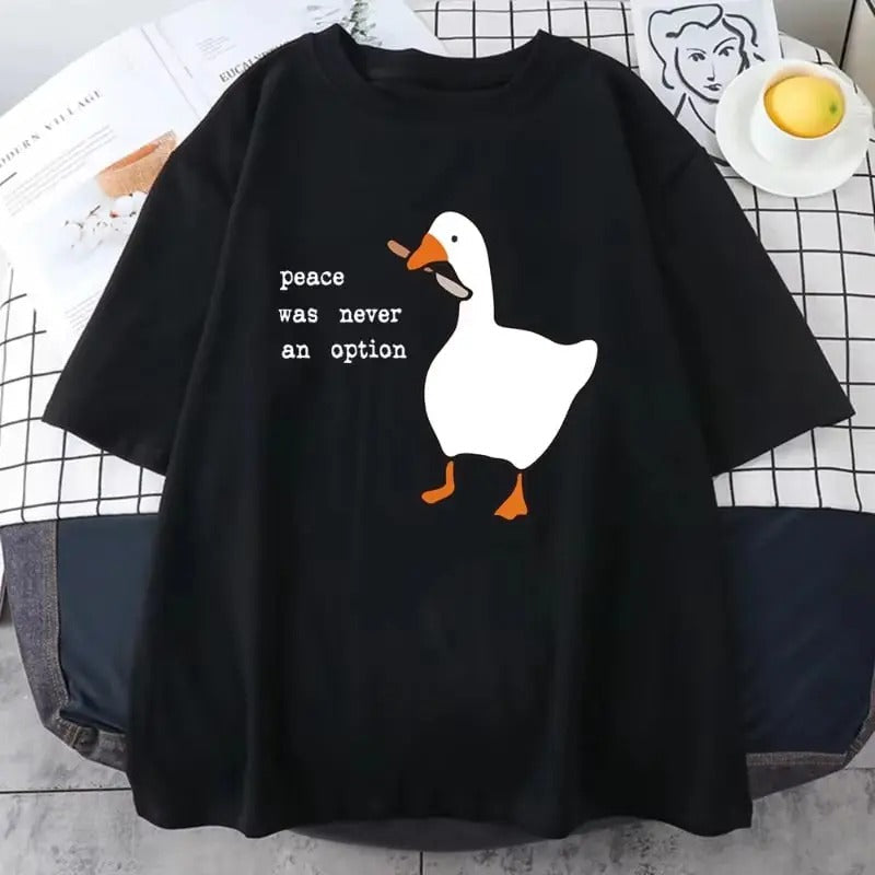 Peace Was Never Option Letter Printed Cotton Creative Duck Print Casual Loose Couple Vintage T-Shirts, Hoodie, Sweatshirt - T-Shirt, Sweatshirt, Hoodie
