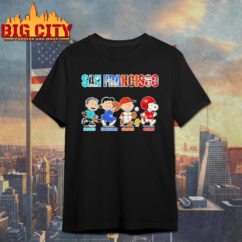 Peanuts Characters San Francisco Sports Sharks X Warriors X Giants X 49ers Shirt Unisex T-shirt, Sweatshirt, Hoodie, Long Sleeve Tee - T-Shirt, Sweatshirt, Hoodie