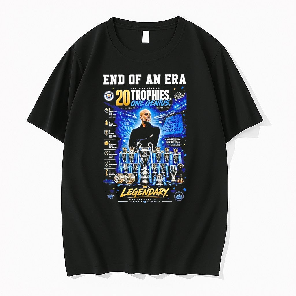 Pep Guardiola Manchester City End Of An Era 20 Trophies One Genius Tshirts Sweater Unisex T-shirt, Sweatshirt, Hoodie, Long Sleeve Tee - T-Shirt, Sweatshirt, Hoodie