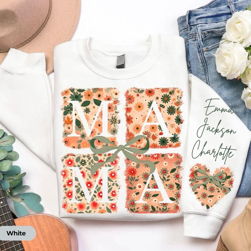 Personalized Mama Kid Names Sleeve Custom Floral Mom Shirt New Mom Shirt Cozy Mommy T-Shirts, Hoodie, Sweatshirt - T-Shirt, Sweatshirt, Hoodie