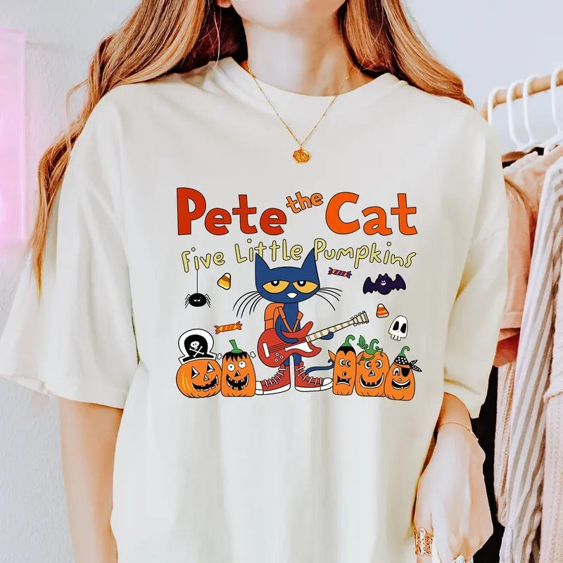 Pete Cat Five Little Pumpkin Shirt Groovy Cat Halloween Shirt Spooky Cool Cat Shirt Trick Teach Shirt Spooky Teacher Shirt T-Shirts, Hoodie, Sweatshirt - T-Shirt, Sweatshirt, Hoodie