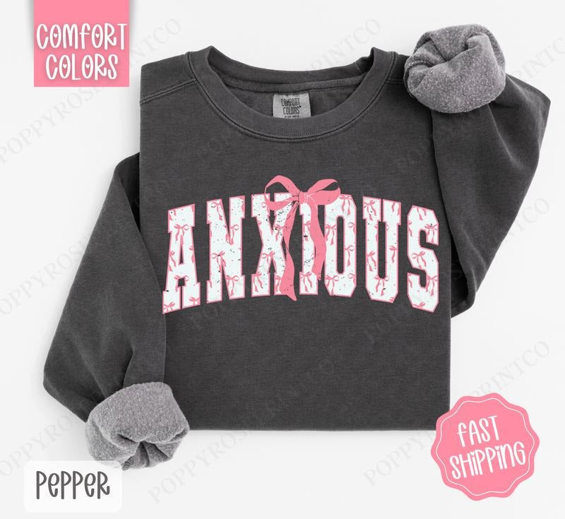 Pink Anxious Bow Comfort Colors Cute T-Shirts, Hoodie, Sweatshirt - T-Shirt, Sweatshirt, Hoodie