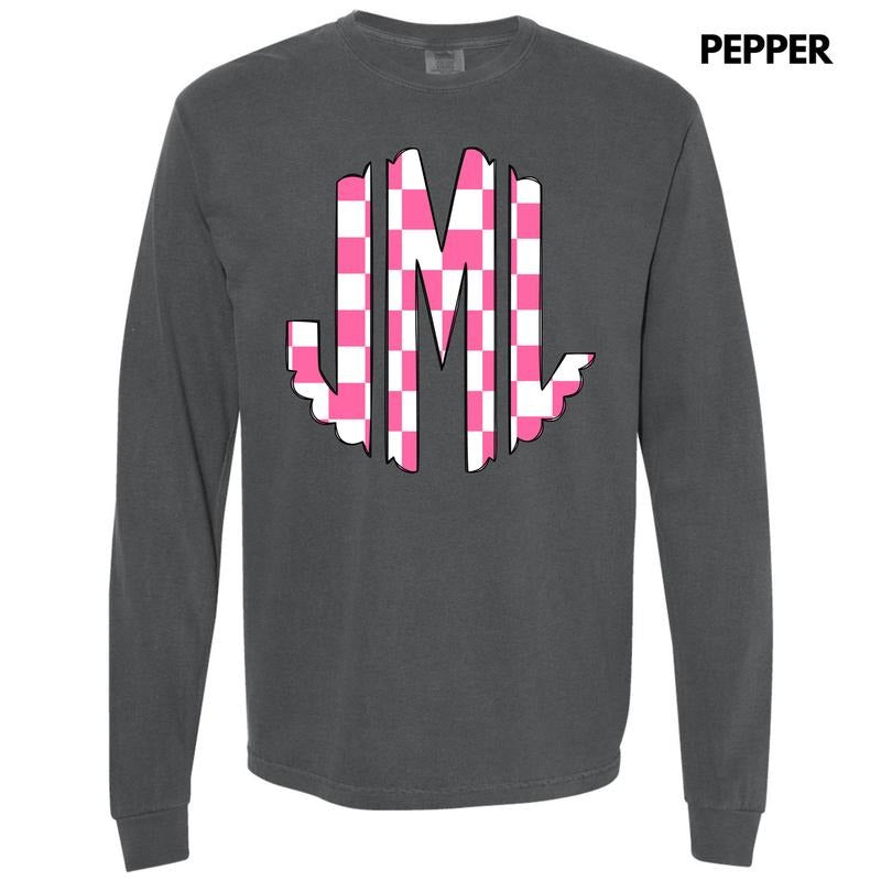 Pink Checker Monogram Long Sleeve Comfort Colors 'NLB' T-Shirts, Hoodie, Sweatshirt - T-Shirt, Sweatshirt, Hoodie