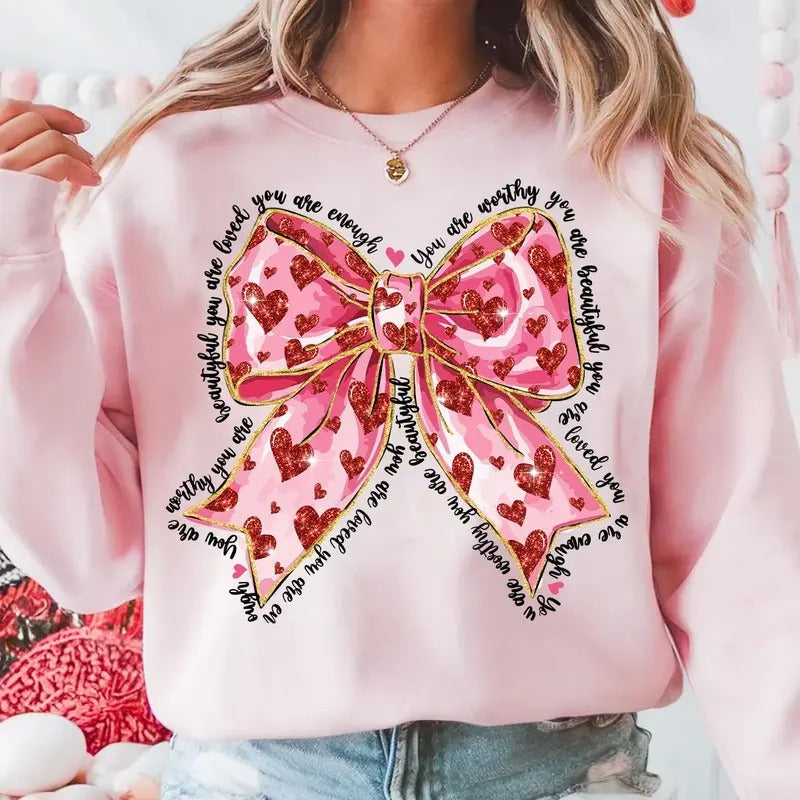 Pink Coquette Heart Shirt You Are Loved Glitter Brushstroke Valentine Bow God Valentine T-Shirts, Hoodie, Sweatshirt - T-Shirt, Sweatshirt, Hoodie