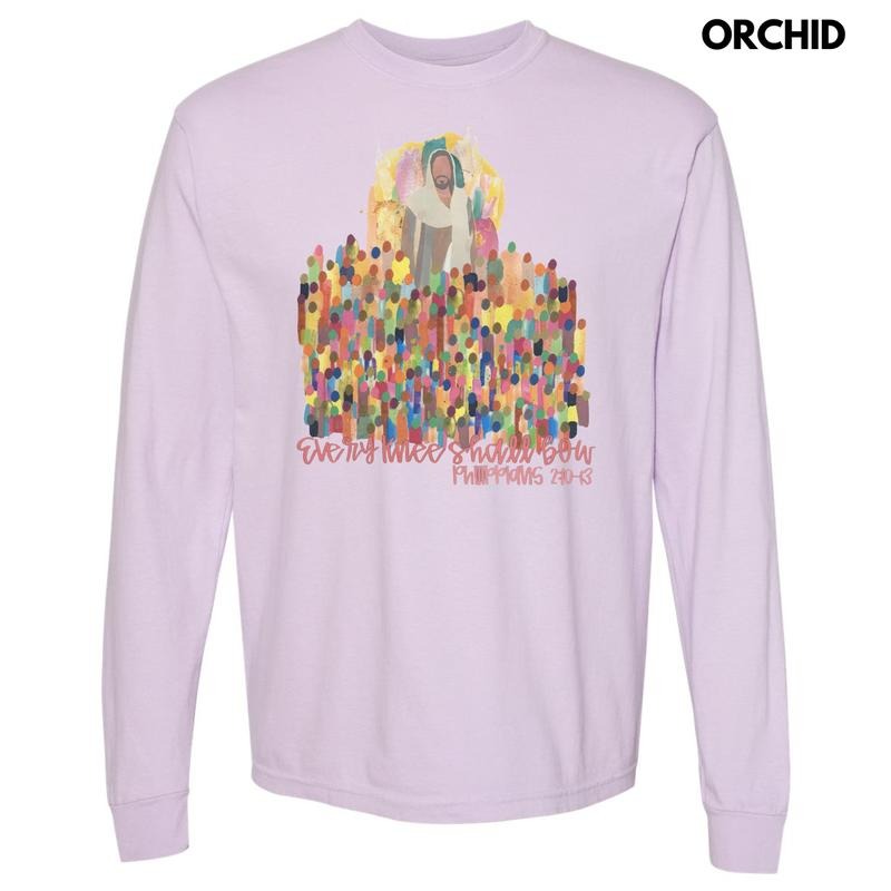 Pink Every Knee Shall Bow Long Sleeve Comfort Colors T-Shirts, Hoodie, Sweatshirt - T-Shirt, Sweatshirt, Hoodie
