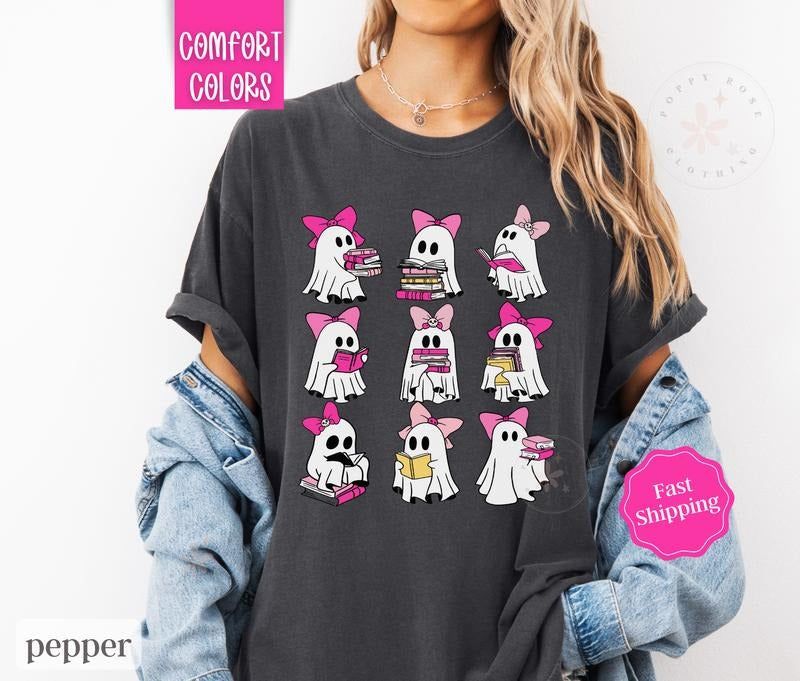 Pink Ghost Reading Shirt Comfort Colors Book Lover Teacher Halloween T-Shirts, Hoodie, Sweatshirt - T-Shirt, Sweatshirt, Hoodie