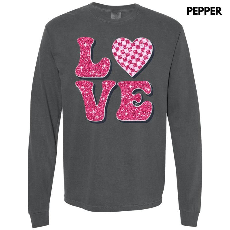 Pink Love Faux Glitter Long Sleeve Comfort Colors T-Shirts, Hoodie, Sweatshirt - T-Shirt, Sweatshirt, Hoodie