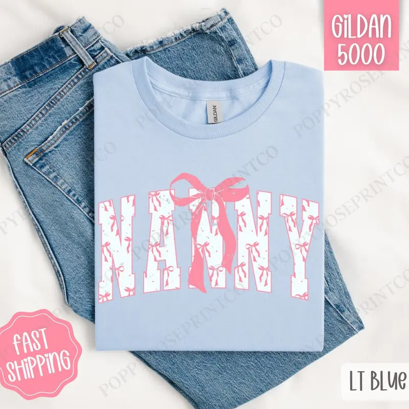 Pink Nanny Bow Shirt Gildan Cute Plus Sizes T-Shirts, Hoodie, Sweatshirt - T-Shirt, Sweatshirt, Hoodie