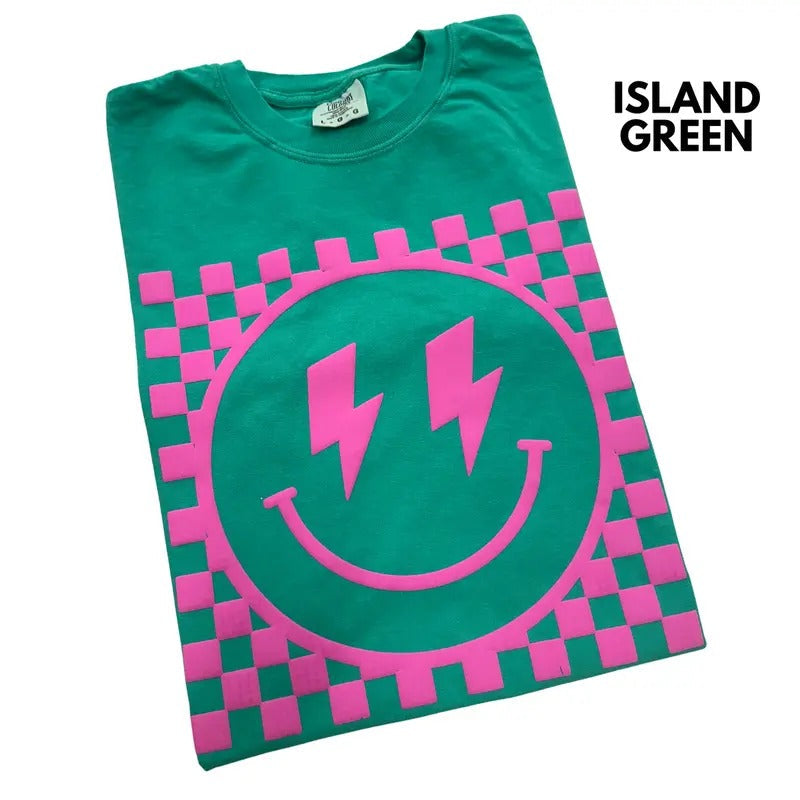 Pink Puff Checkered Happy Face Comfort Colors T-Shirts, Hoodie, Sweatshirt - T-Shirt, Sweatshirt, Hoodie