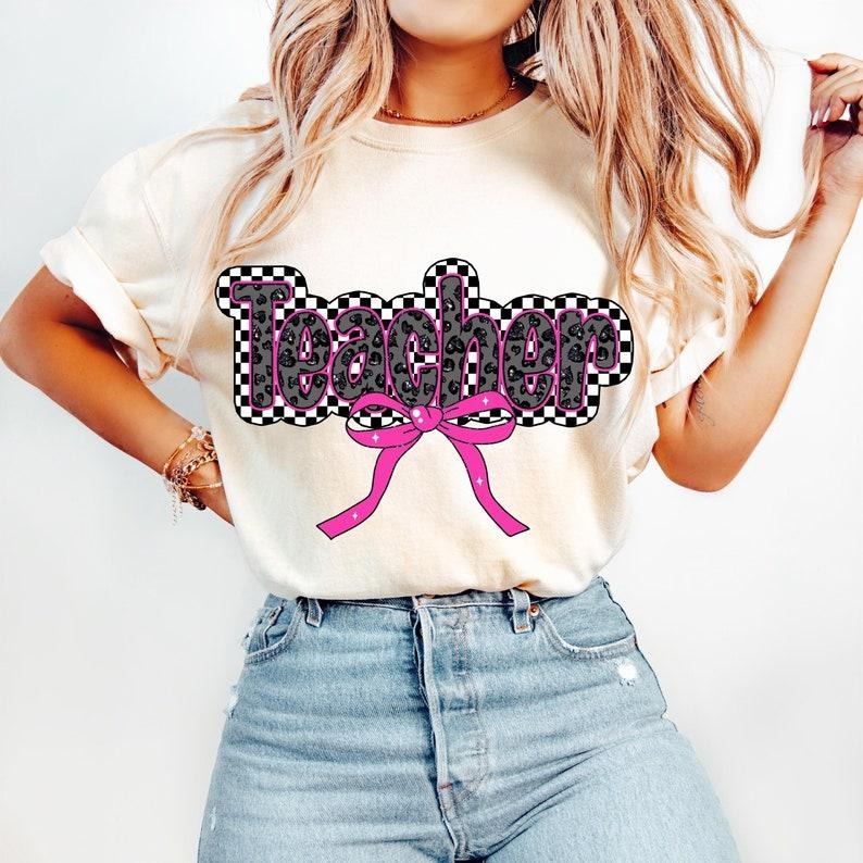 Pink Teacher Coquette Checkered Teacher Appreciation Leopard Bow T-Shirts, Hoodie, Sweatshirt - T-Shirt, Sweatshirt, Hoodie