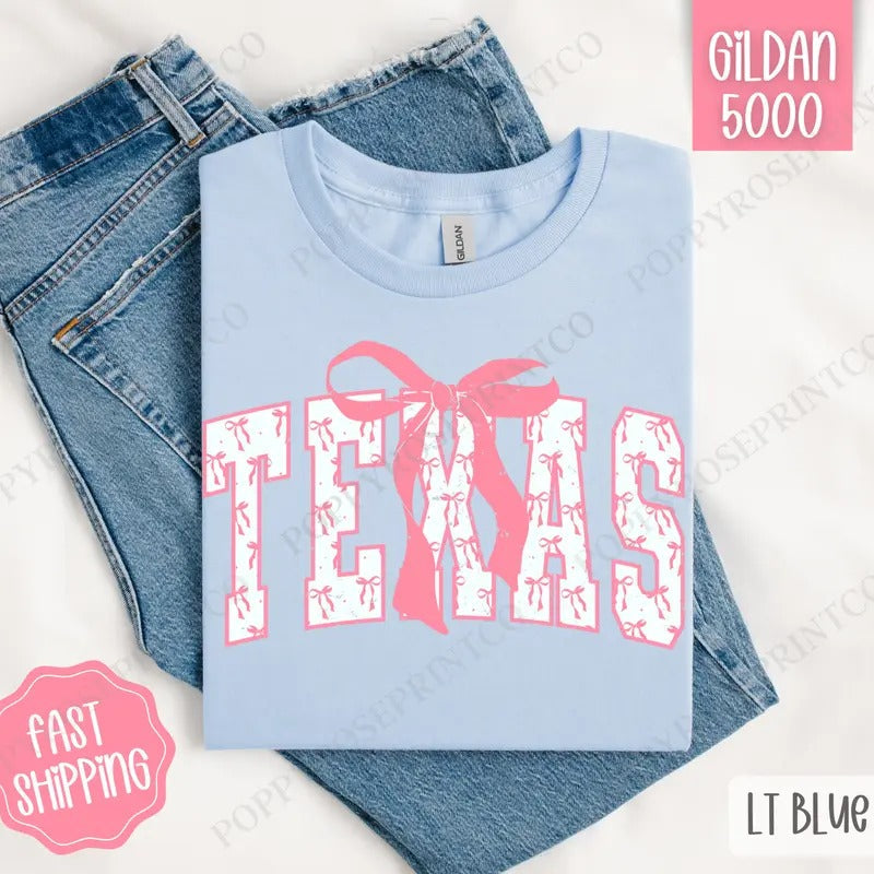 Pink Texas Bow Shirt Gildan Cute Plus Sizes T-Shirts, Hoodie, Sweatshirt - T-Shirt, Sweatshirt, Hoodie