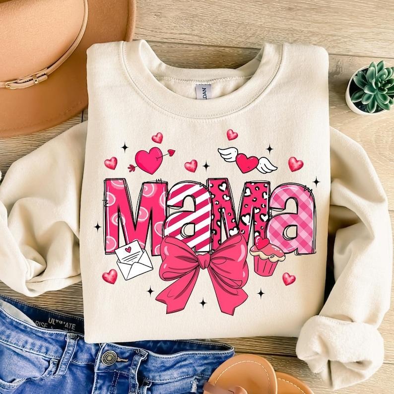 Pink Valentine Mama Coquette Loved Mama Heart Coquette Bow Brushstroke Valentine Retro Valentine T-Shirts, Hoodie, Sweatshirt - T-Shirt, Sweatshirt, Hoodie
