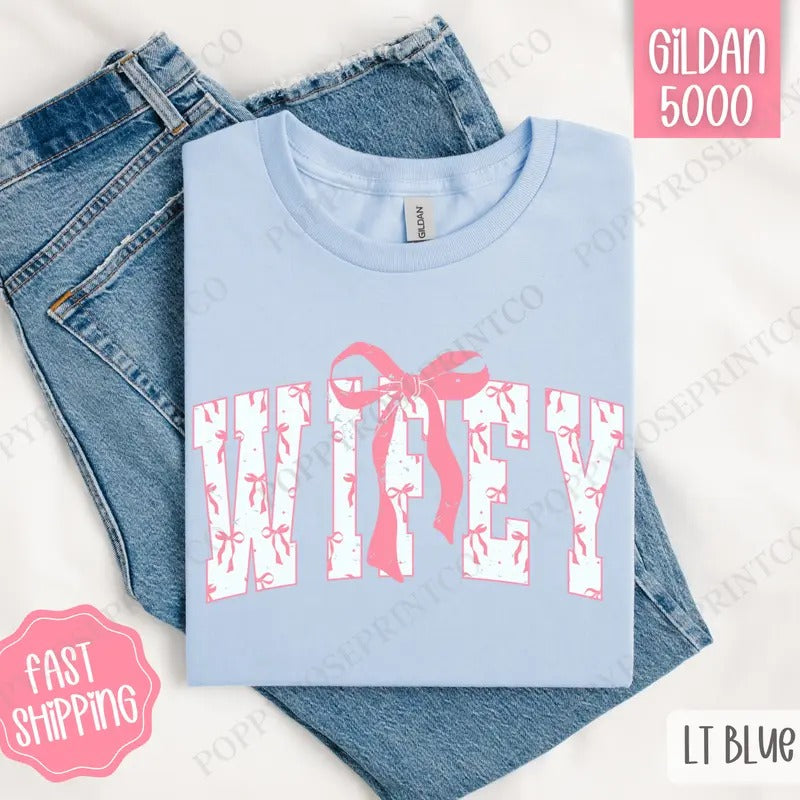 Pink Wifey Bow Shirt Gildan Cute Plus Sizes T-Shirts, Hoodie, Sweatshirt - T-Shirt, Sweatshirt, Hoodie