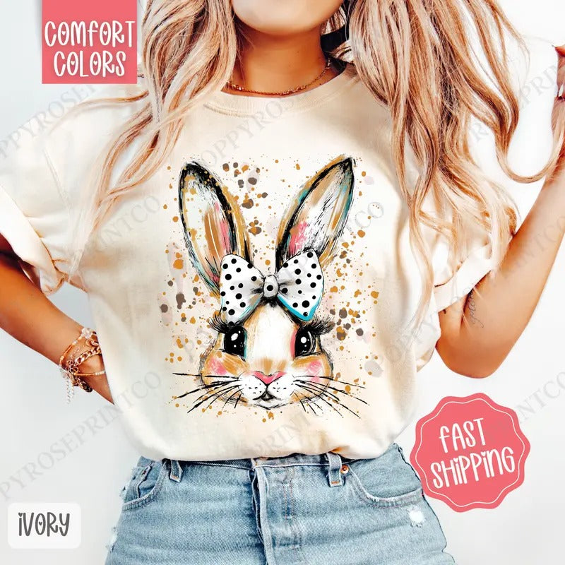 Polka Dot Bow Bunny Shirt Comfort Colors Easter Religious Her T-Shirts, Hoodie, Sweatshirt - T-Shirt, Sweatshirt, Hoodie