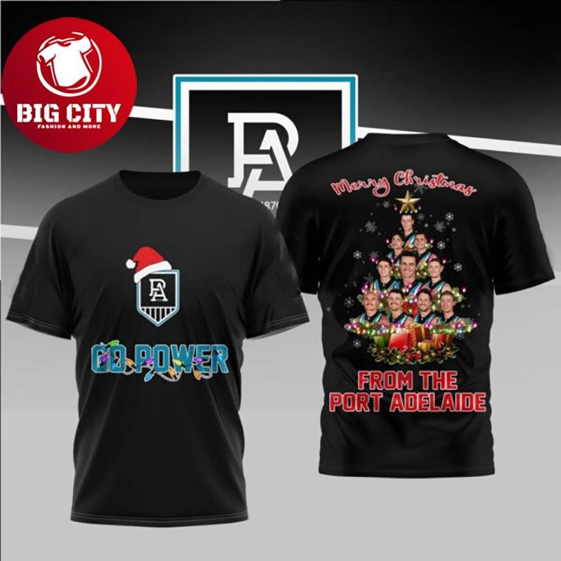 Port Adelaide Football Club Festive Player Christmas Tree Two Sided Shirt Unisex T-shirt, Sweatshirt, Hoodie, Long Sleeve Tee - T-Shirt, Sweatshirt, Hoodie