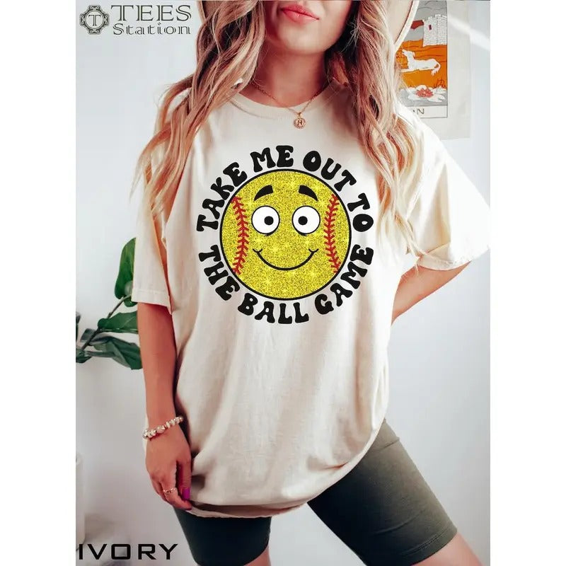 Take Me Out Ball Game Baseball Shirt Baseball Mom Baseball Shirts Girl Baseball Shirt Smiley Face Baseball Shirt T-Shirts, Hoodie, Sweatshirt - T-Shirt, Sweatshirt, Hoodie