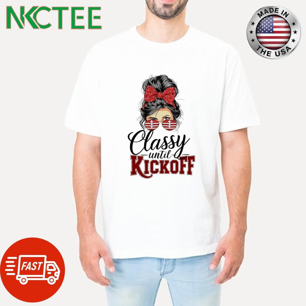 Premium Classy until kickoff American Football Mom bow tie shirt Unisex T-shirt, Sweatshirt, Hoodie, Long Sleeve Tee - T-Shirt, Sweatshirt, Hoodie