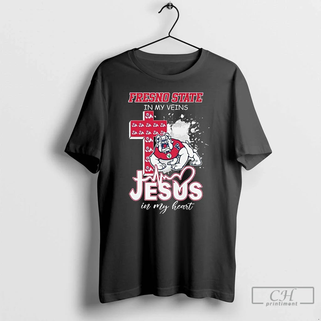 Premium Fresno State In My Vein Mascot Jesus In My Heart Long Sleve T Shirts Unisex T-shirt, Sweatshirt, Hoodie, Long Sleeve Tee - T-Shirt, Sweatshirt, Hoodie