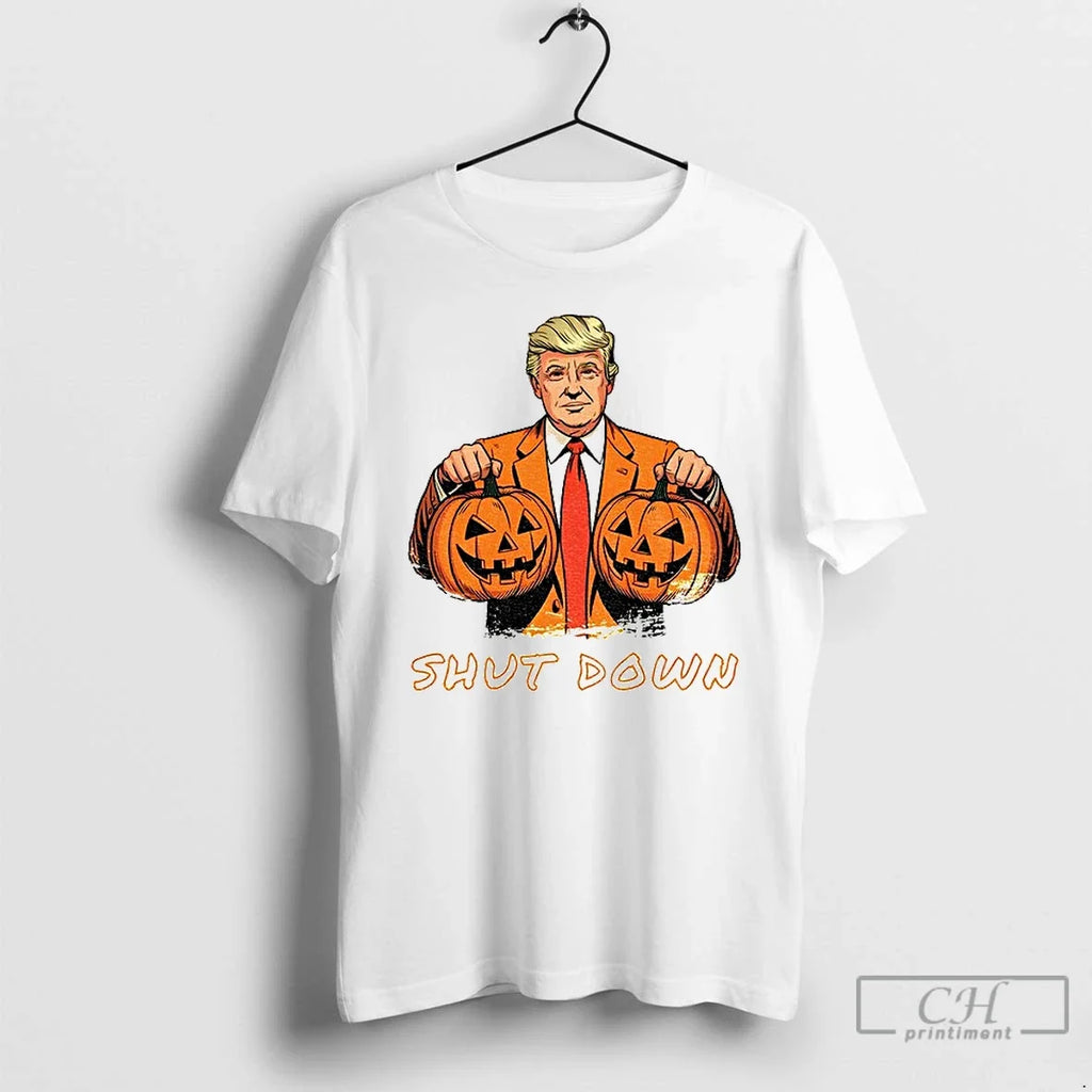 Premium Government Shutdown Halloween Donald Trump Pumpkin T Shirts Unisex T-shirt, Sweatshirt, Hoodie, Long Sleeve Tee - T-Shirt, Sweatshirt, Hoodie