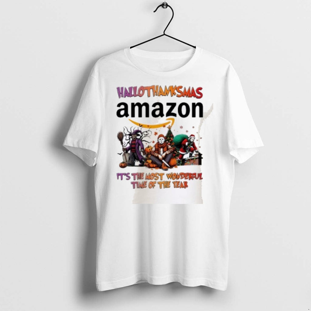 Premium Horror Character X Amazon Hallothanksmas Its The Most Wonderful Time Of The Year Unisex T-shirt, Sweatshirt, Hoodie, Long Sleeve Tee - T-Shirt, Sweatshirt, Hoodie