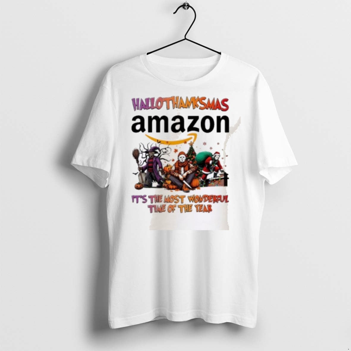Premium Horror Character X Amazon Hallothanksmas Its The Most Wonderful Time Of The Year Unisex T-shirt, Sweatshirt, Hoodie, Long Sleeve Tee - T-Shirt, Sweatshirt, Hoodie