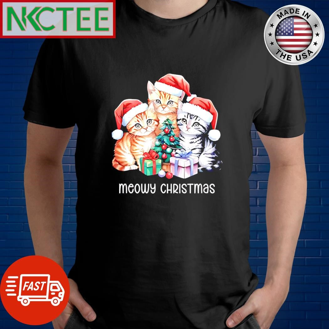 Premium Meowy ChristmasCats wear Santa hat shirt Unisex T-shirt, Sweatshirt, Hoodie, Long Sleeve Tee - T-Shirt, Sweatshirt, Hoodie