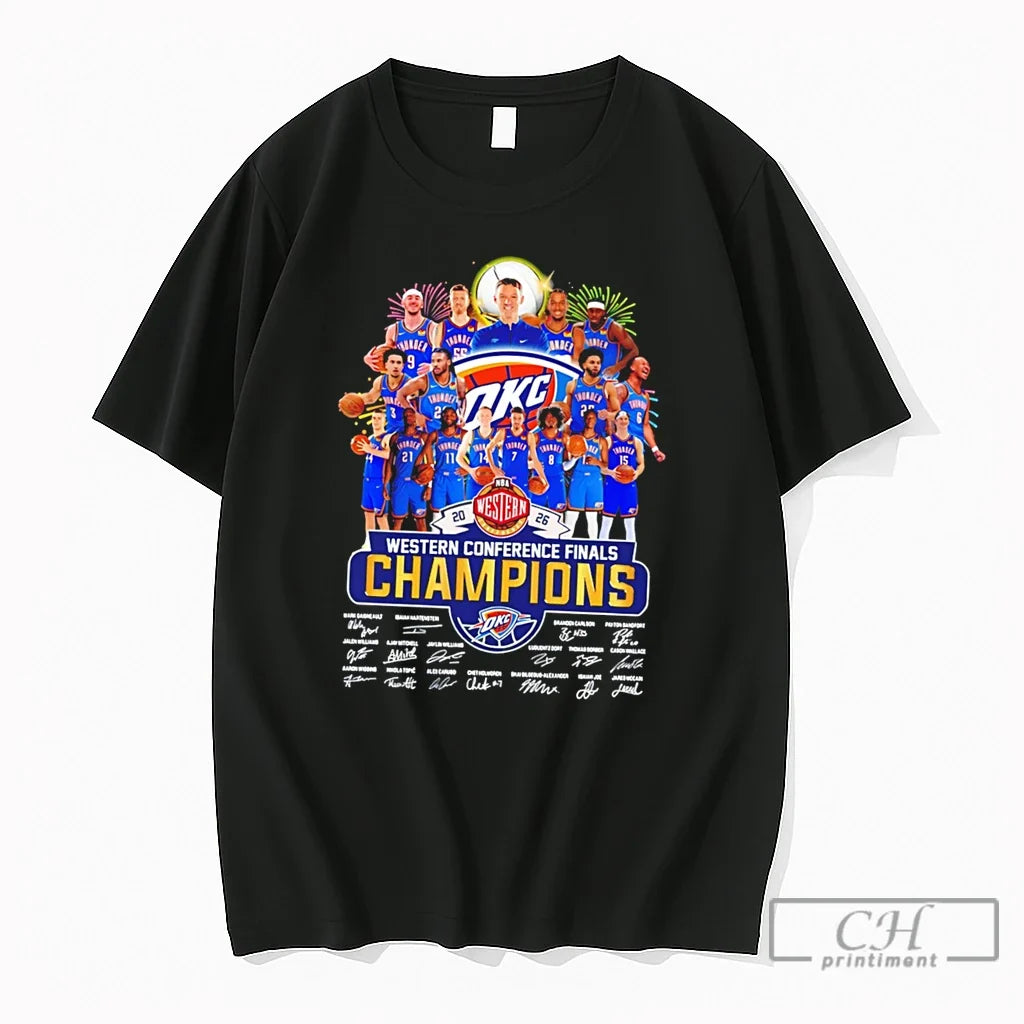 Premium Oklahoma City Thunder Basketball Western Conference Champions 2026 Signatures Tee Unisex T-shirt, Sweatshirt, Hoodie, Long Sleeve Tee - T-Shirt, Sweatshirt, Hoodie