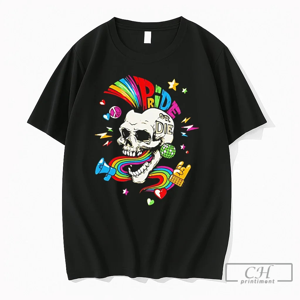 Premium Pride Or Die Skull Rainbow Tee Unisex T-shirt, Sweatshirt, Hoodie, Long Sleeve Tee - T-Shirt, Sweatshirt, Hoodie