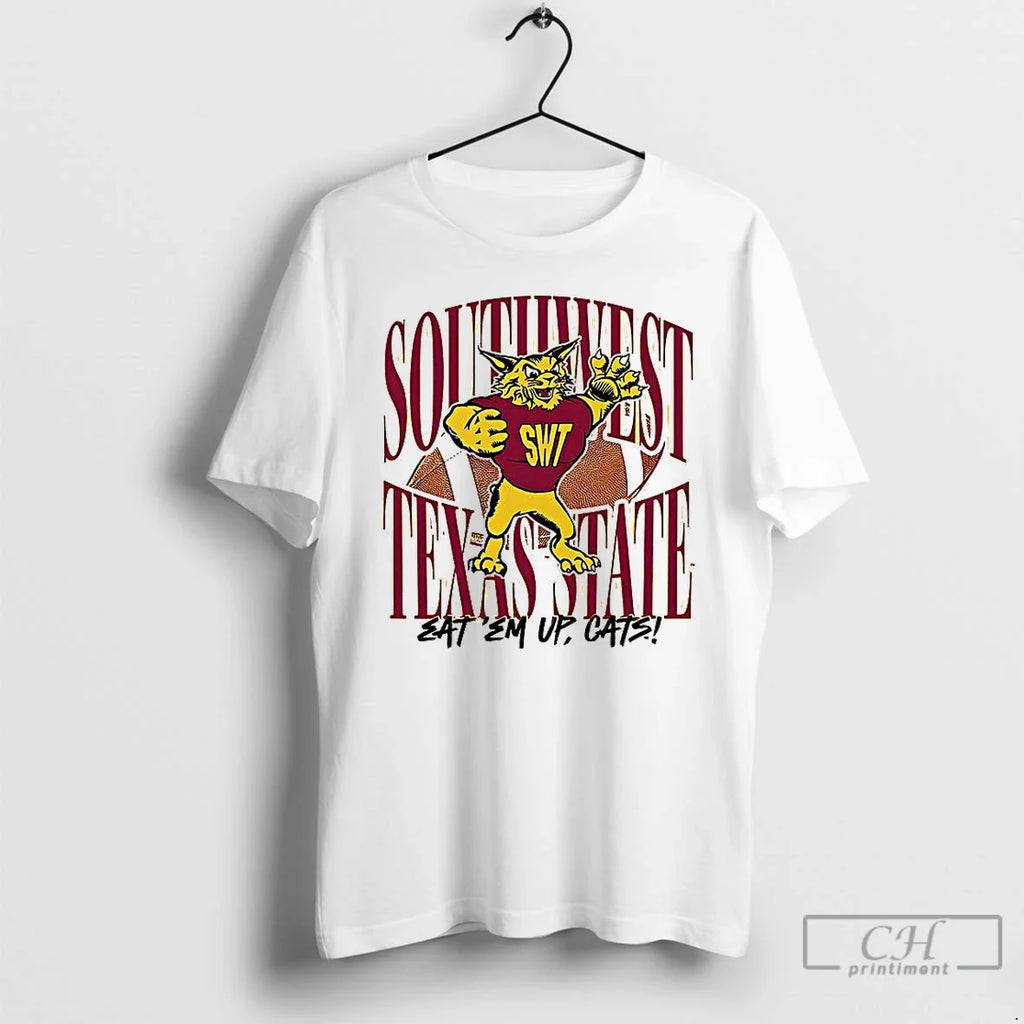 Premium Southwest Texas State 1990s Eat Em Up Cats Mascot T Shirts Unisex T-shirt, Sweatshirt, Hoodie, Long Sleeve Tee - T-Shirt, Sweatshirt, Hoodie