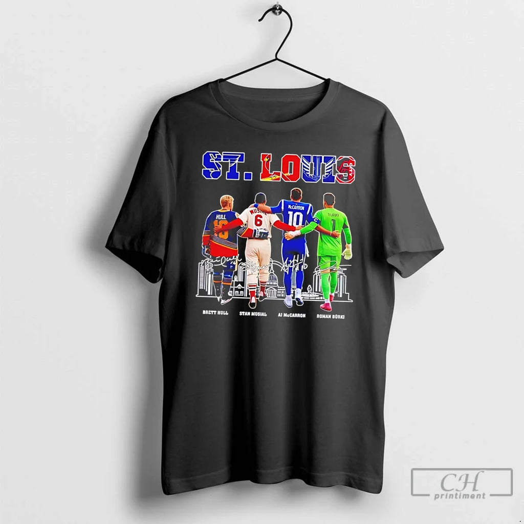 Premium St Louis Sports Brett Hull Stan Musial Skyline Signature Tee Unisex T-shirt, Sweatshirt, Hoodie, Long Sleeve Tee - T-Shirt, Sweatshirt, Hoodie