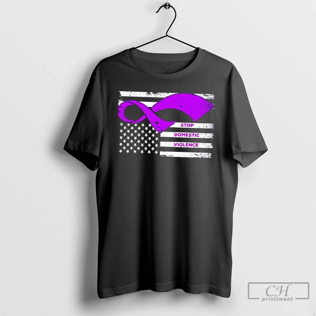 Premium Stop Domestic Violence Purple Ribbon America Flag Tee Unisex T-shirt, Sweatshirt, Hoodie, Long Sleeve Tee - T-Shirt, Sweatshirt, Hoodie