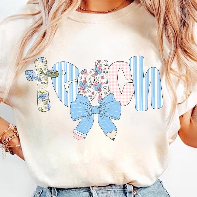 Preppy Teacher Floral Coquette Shirt Teach Blue Floral Shirt Everyday Pencil Bow T-Shirts, Hoodie, Sweatshirt - T-Shirt, Sweatshirt, Hoodie