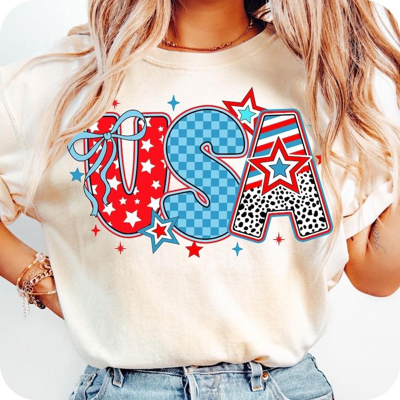 Preppy USA Coquette Retro USA Shirt 4th July America Brushstroke Girly USA Shirt Preppy Memorial Day America Shirt Shirts Mom Menswear Top Top Menswear T-Shirts, Hoodie, Sweatshirt - T-Shirt, Sweatshirt, Hoodie