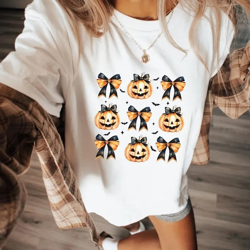 Pumpkin Halloween Shirt Halloween Coquette Bows Spooky Season Shirt Retro Shirt Cute Pumpkin Cotton T-Shirts, Hoodie, Sweatshirt - T-Shirt, Sweatshirt, Hoodie