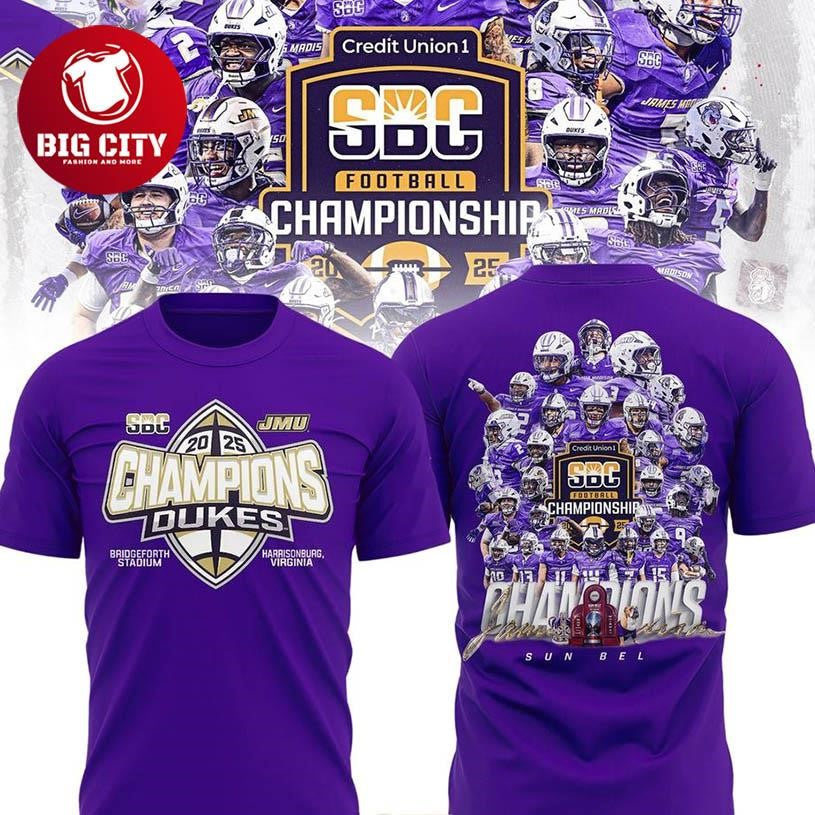 Purple James Madison Dukes 2025 Sun Belt Football Champions Two Sided Shirt Unisex T-shirt, Sweatshirt, Hoodie, Long Sleeve Tee - T-Shirt, Sweatshirt, Hoodie