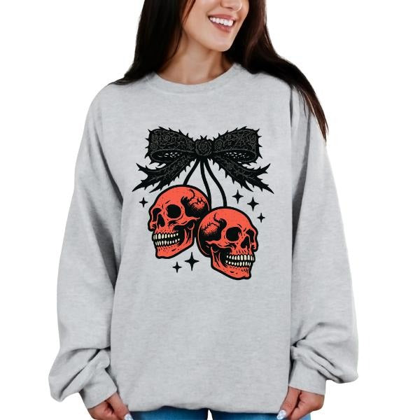 RED SKULL CHERRIES GOTHIC BOW Long Sleeve Casual Poly Cotton Blend Fit Top Gothic Womenswear Comfy Statement Everyday T-Shirts, Hoodie, Sweatshirt - T-Shirt, Sweatshirt, Hoodie
