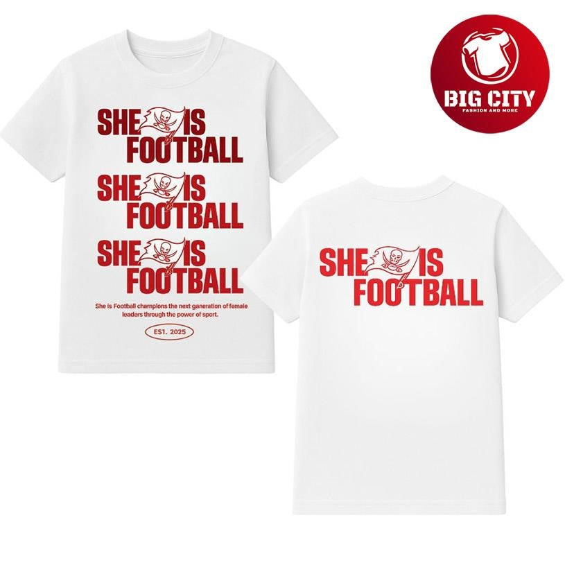 Rashad Wisdom Buccaneers She Is Football Est 2025 Two Sided Shirt Unisex T-shirt, Sweatshirt, Hoodie, Long Sleeve Tee - T-Shirt, Sweatshirt, Hoodie