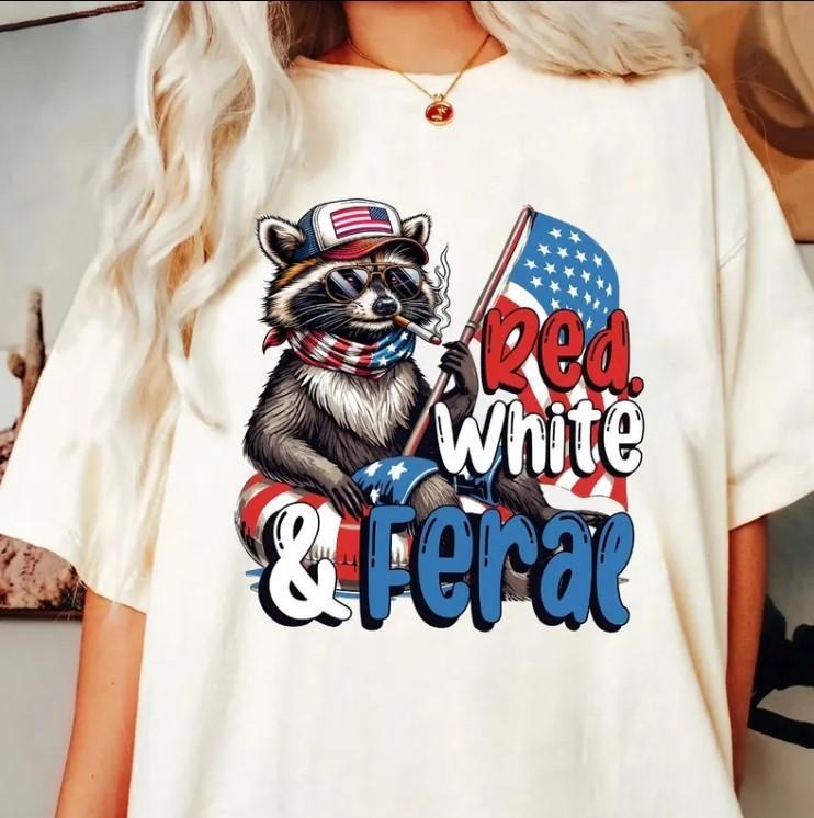 Red White Feral Funny USA Shirt Funny Raccoon Shirt T-Shirts, Hoodie, Sweatshirt - T-Shirt, Sweatshirt, Hoodie