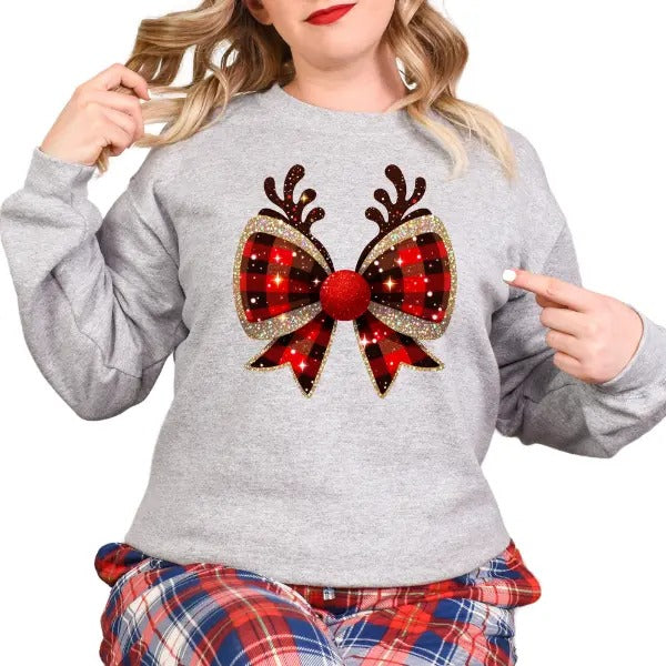 Reindeer Ears & Coquette Bow Red & Black Plaid Print & Retro Inspired Parties Sizing Up 5XL Traditional Colors Festive Cozy & Fun Season T-Shirts, Hoodie, Sweatshirt - T-Shirt, Sweatshirt, Hoodie