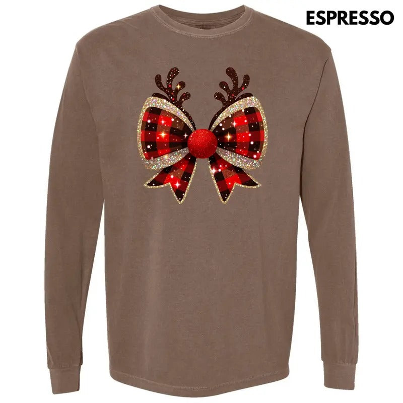 Reindeer FAKE Glitter Plaid Bow Long Sleeve Comfort Colors 'NLB' T-Shirts, Hoodie, Sweatshirt - T-Shirt, Sweatshirt, Hoodie
