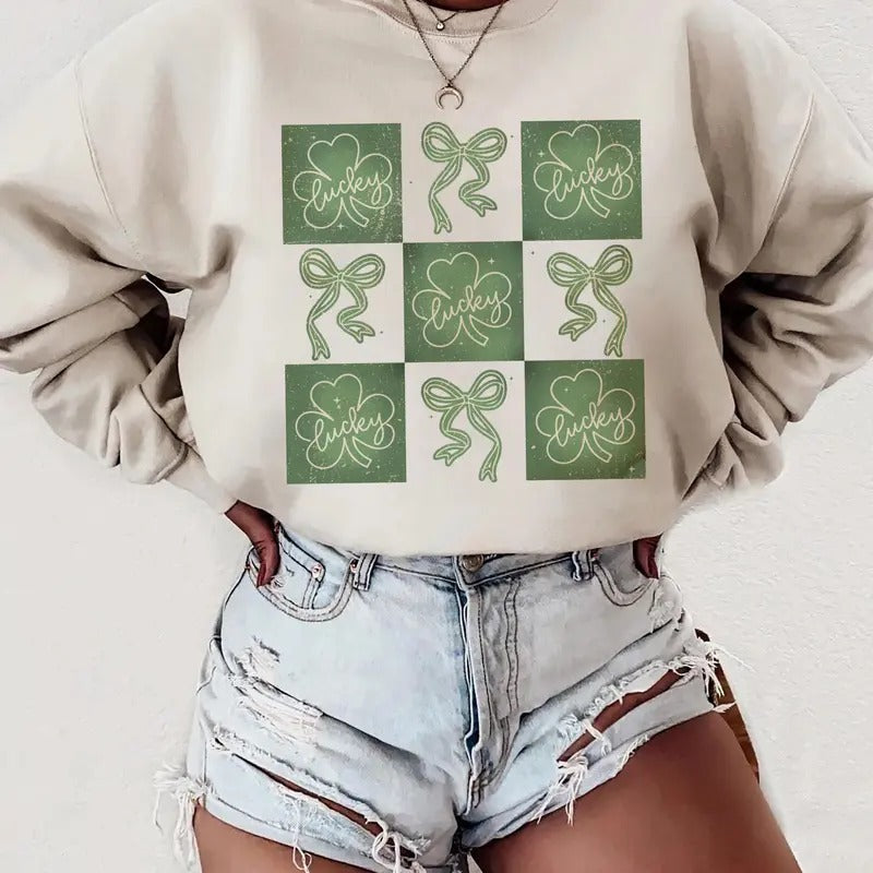 Retro Checkered St Patrick'S Day Shirt Coquette Bow St Patty'S Day Lucky Shamrock Shirt Clover Bow Lucky Charm Patricks Day Cotton Fabric T-Shirts, Hoodie, Sweatshirt - T-Shirt, Sweatshirt, Hoodie