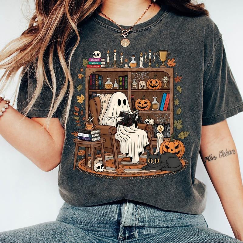 Retro Cozy Ghost Reading Halloween Haunting Adeline Fall Library Boo Ghost Cute Spooky Bookshelf Lords Legacy Gods Round Neck Fit Black Garments Tops Day Fabric Loose Medium T-Shirts, Hoodie, Sweatshirt - T-Shirt, Sweatshirt, Hoodie