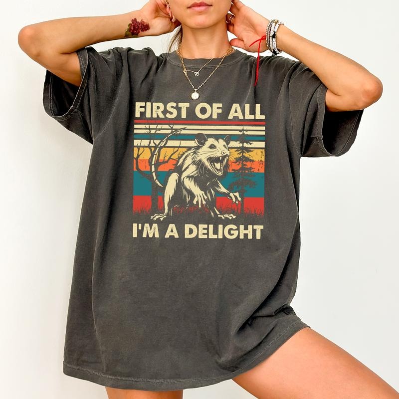 Retro First All I'M Delight Angry Opossum Vintage Sarcastic Shirt I'M Delight Printed Funny Opossum Lover Opossum Meme Comfy Cotton Long Sleeve Tops Casual Womenswear T-Shirts, Hoodie, Sweatshirt - T-Shirt, Sweatshirt, Hoodie