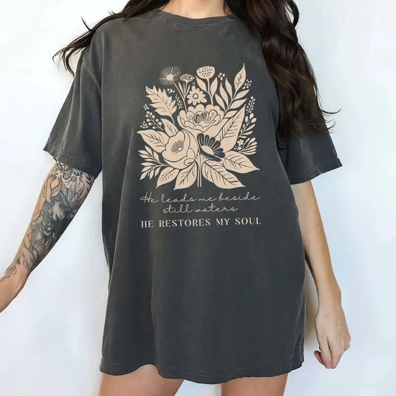 Retro Floral Bible Verse Comfort Colors Shirt He Leads Me Beside Still Waters He Restores My Shirt Christian T-Shirts, Hoodie, Sweatshirt - T-Shirt, Sweatshirt, Hoodie