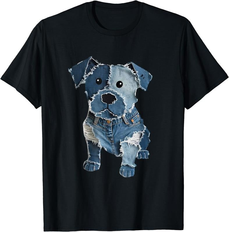 Retro Funny Denim Patch Animal Dog Print Cotton Short Sleeve T-Shirts, Hoodie, Sweatshirt - T-Shirt, Sweatshirt, Hoodie