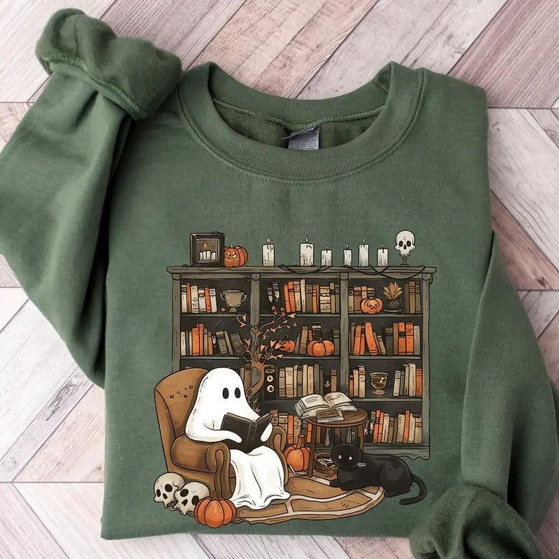 Retro Ghost Reading Books Librarian Ghost Halloween Halloween Teacher Cotton T-Shirts, Hoodie, Sweatshirt - T-Shirt, Sweatshirt, Hoodie